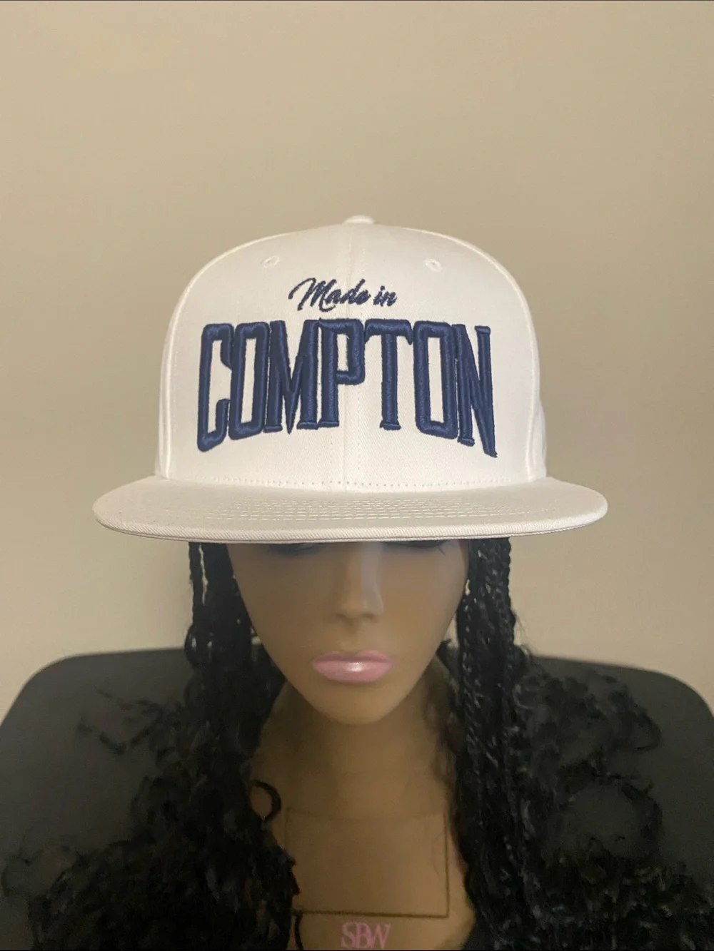 Made in Compton White Snapback Hat with Navy Embroidery